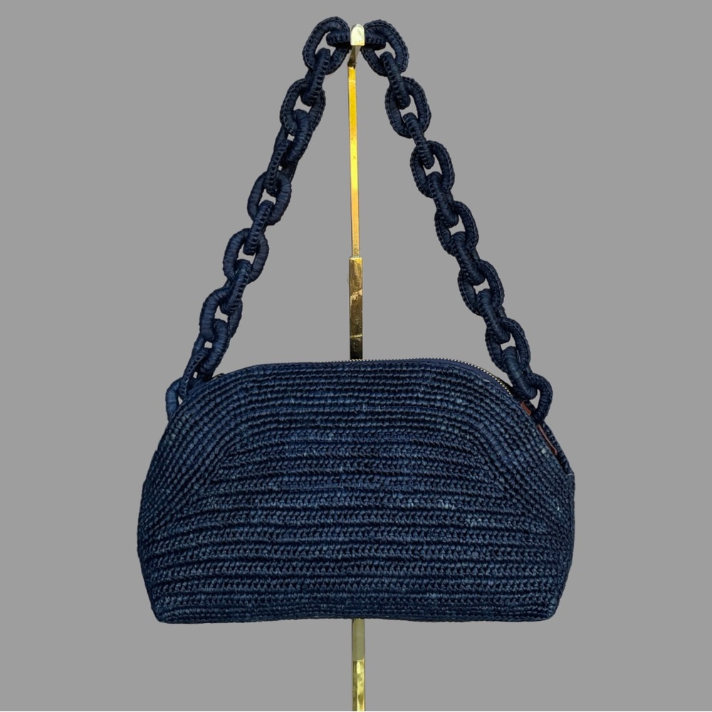 SEZANE Navy Blue Woven Braided Raffia Shoulder Bag Chain Link Strap Isabelle Bag - Picture 8 of 14